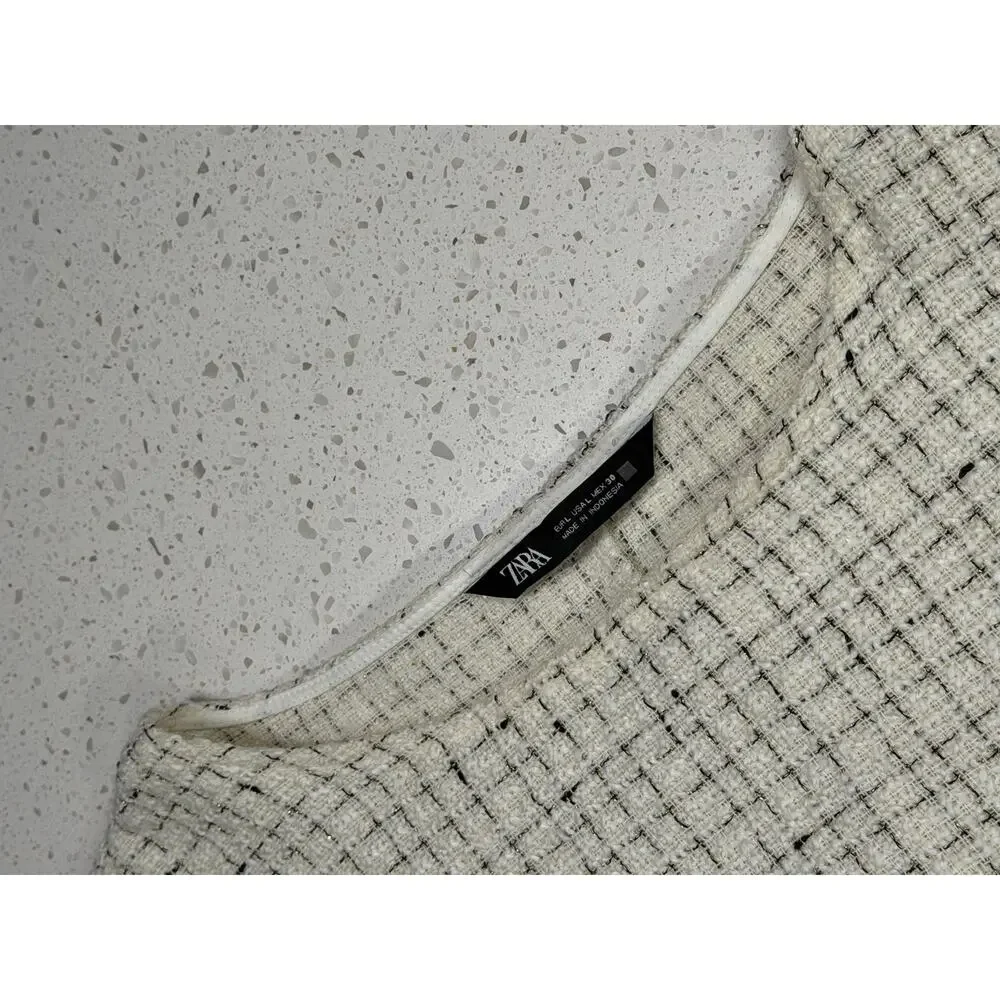 ZARA Textured Tweed Crop Top Blouse Puff Sleeve White size L - Picture 6 of 9